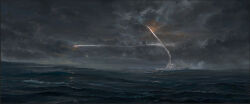  battle clouds commentary cotact147 dark_cloud destroyer highres military military_vehicle missile missile_trail naval_battle no_humans ocean original overcast sailing scenery ship sky warship water watercraft 