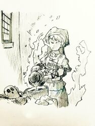  1girl apron commentary_request dress fine_art_parody haniwa_(statue) haniyasushin_keiki headscarf jewelry magatama magatama_necklace menotama milk multi-source_commentary necklace no_eyes no_mouth parody pouring short_sleeves single_strap solo the_milkmaid touhou traditional_media 