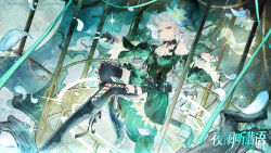  1girl absurdres artist_request bare_shoulders belt birdcage black_belt black_boots black_choker black_gloves black_ribbon black_thighhighs blue_feathers boots braid cage chain chinese_commentary choker commentary_request commission commissioner_name dress falling_feathers feathers fingerless_gloves floral_print frilled_choker frills full_body gloves green_dress high-low_dress high_heel_boots high_heels highres identity_v in_cage jewelry lace-up_thighhighs long_hair long_sidelocks long_sleeves looking_at_viewer martha_behamfil moon multiple_braids multiple_rings off-shoulder_dress off_shoulder official_alternate_costume ribbon ring second-party_source sidelocks single_fingerless_glove single_sidelock sitting smile solo sparkle thigh-highs thigh_strap v watermark weibo_username white_hair yellow_eyes 