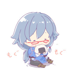  1girl black_hair black_pants blue_jacket boots brown_boots chibi closed_eyes closed_mouth commentary_request eating food fu_hua fu_hua_(valkyrie_accipiter) full_body glasses highres holding holding_food honkai_(series) honkai_impact_3rd jacket mon_momu onigiri pants pelvic_curtain simple_background solo white_background 