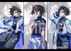  1boy belt black_border black_gloves black_hair black_sash black_shirt blue_belt blue_gloves border closed_eyes clothes_around_waist column_lineup commentary_request copyright_notice cowboy_shot ear_piercing earrings gloves grey_jacket grey_pants hair_ornament hand_on_own_chest holostars jacket jacket_around_waist jewelry kanade_izuru kanade_izuru_(7th_costume) kitto_(kito_saku112) lightning_bolt_hair_ornament lightning_bolt_symbol long_sleeves male_focus multiple_views official_art open_mouth pants piercing sample_watermark sash shirt short_hair short_sleeves smile two-sided_fabric two-sided_gloves two-sided_jacket violet_eyes virtual_youtuber watermark 