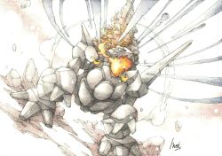  coalossal commentary_request debris dutch_angle fire full_body inori_(pokemoart) no_humans open_mouth pokemon pokemon_(creature) pokemon_focus rock signature solo 
