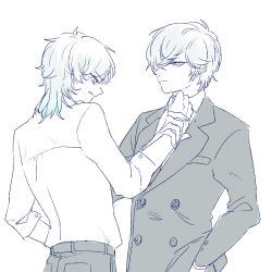  2boys adjusting_clothes adjusting_necktie blue_eyes collared_shirt eye_contact looking_at_another luminous_(maplestory) luminous_slime male_focus maplestory monochrome multiple_boys necktie partially_colored shirt short_hair simple_background sketch smirk suit white_background white_hair white_shirt 