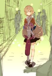  1girl arm_warmers atoki bag black_skirt blonde_hair brown_shirt commentary_request faceless full_body green_background green_eyes holding holding_bag looking_ahead looking_at_viewer medium_skirt mizuhashi_parsee pointy_ears road scarf shirt short_hair short_sleeves shoulder_bag silhouette skirt socks standing straight-on street touhou v_arms walking white_arm_warmers white_scarf white_socks 