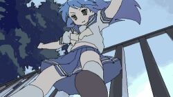  belly blue_hair blush dress falling from_below furrowed_brow green_eyes izumi_konata long_hair lowres lucky_star neckerchief oekaki ronz sailor_collar sailor_dress sailor_shirt shirt shoes short_sleeves sky smug third-party_source tree 