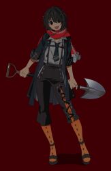 1boy betti_(xx_betti) black_eyes black_hair black_pants black_shoes chinese_commentary collared_shirt earrings empty_eyes fangs full_body hair_between_eyes highres holding holding_shovel jewelry looking_at_viewer male_focus mashiro_meme mashiro_meme_(1st_costume) nijisanji open_mouth pants red_background red_scarf safety_pin safety_pin_hair_ornament scarf shirt shoes shovel simple_background sleeves_rolled_up solo standing suspenders virtual_youtuber 