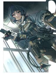  1girl belt black_hair black_pantyhose blue_eyes bullet chest_rig from_below grin gun handgun highres holding holding_weapon jacket jane_doe_(zenless_zone_zero) looking_at_viewer magazine_(weapon) maxturbo69 mechanical_tail open_mouth pantyhose pointy_ears rifle rope short_hair smile sniper_rifle solo tail teeth torn_clothes torn_pantyhose weapon weapon_request window zenless_zone_zero 