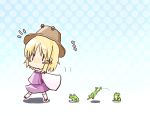  blush_stickers chibi frog hair_ribbon halftone halftone_background hat hirasato moriya_suwako ribbon ribbons short_hair sleeves_past_wrists touhou walking wide_sleeves |_| 