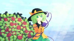  1girl arms_behind_back black_hat bow bush closed_mouth clouds collared_shirt commentary contrast_collar cyanaqua day english_commentary flower green_eyes green_hair green_skirt hat hat_bow heart heart_of_string highres komeiji_koishi light_rays long_sleeves medium_hair red_flower red_rose rose shirt skirt smile solo third_eye touhou yellow_bow yellow_shirt 