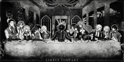  1other 6+boys 6+girls absurdres bow branch chain clock closed_mouth coat collared_shirt dante_(limbus_company) don_quixote_(project_moon) faust_(project_moon) fire gloves golden_bough_(project_moon) gregor_(project_moon) greyscale hair_bow hairband heathcliff_(project_moon) highres hong_lu_(project_moon) indoors ishmael_(project_moon) lapels limbus_company long_hair meursault_(project_moon) monochrome multiple_boys multiple_girls notched_lapels object_head open_mouth outis_(project_moon) project_moon rodion_(project_moon) ryoshu_(project_moon) shirt short_hair sidelocks sinclair_(project_moon) sitting smile sparkling_eyes table the_last_supper very_long_hair vest xclkx yi_sang_(project_moon) 