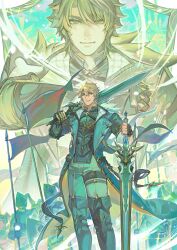  1boy 5others absurdres aqua_coat banner blonde_hair blue_eyes boots coat collared_coat commentary dual_wielding english_commentary feet_out_of_frame gauntlets genshin_impact gest_of_the_mighty_wolf_(genshin_impact) greatsword hair_between_eyes highres holding holding_sword holding_weapon knee_boots male_focus medium_hair miothle multiple_others multiple_views over_shoulder pants parted_lips planted planted_sword scar scar_on_cheek scar_on_face single_gauntlet smile sword varka_(genshin_impact) weapon weapon_over_shoulder wind 