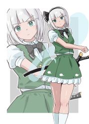  1girl black_bow black_bowtie black_hairband bow bow_hairband bowtie commentary enukee frilled_skirt frills green_eyes green_skirt green_vest hairband highres hitodama hitodama_print katana konpaku_youmu looking_at_viewer print_skirt puffy_short_sleeves puffy_sleeves sheath sheathed shirt short_hair short_sleeves skirt socks solo sword touhou v-shaped_eyebrows vest weapon white_hair white_shirt white_socks youmu_day zoom_layer 