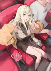  1boy 1girl bag blonde_hair blue_eyes brown_skirt chair character_request commentary_request copyright_request earrings from_above handbag index_fingers_raised jacket jewelry long_hair long_skirt looking_at_viewer ohland open_clothes open_jacket open_mouth pink_nails ribbed_shirt shirt sitting skirt solo_leveling white_shirt yellow_jacket 