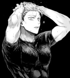  1boy abs adam's_apple arms_up black_background commentary_request compression_shirt greyscale itadori_yuji jujutsu_kaisen looking_at_viewer male_focus monochrome multiple_scars nay_bb open_mouth pectorals scar scar_on_face scar_on_mouth short_hair sideburns simple_background solo upper_body wet 