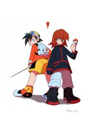  ! 2boys absurdres backpack backwards_hat bag baseball_cap black_boots black_hair black_jacket boots closed_mouth commentary_request ethan_(pokemon) expressionless fishing_rod from_behind full_body grey_eyes hat highres holding holding_fishing_rod holding_poke_ball jacket long_hair male_focus multicolored_shoes multiple_boys obe_pok2 orange_jacket pants poke_ball pokemon pokemon_gold/silver/crystal red_hair short_hair shorts silver_(pokemon) simple_background solo standing white_background white_pants yellow_eyes yellow_hat yellow_shorts 