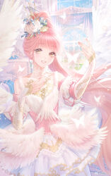 1girl a_psalm_of_time_(miracle_nikki) absurdres arm_warmers ballerina bare_shoulders bird_wings blue_sky blunt_bangs brown_eyes bug butterfly chinese_commentary choker collarbone commentary_request cowboy_shot crown day detached_sleeves dot_nose eyelashes feather-trimmed_skirt feathered_wings flower gold_crown grin hair_flower hair_ornament hand_on_own_chest hand_up happy hechenren high_ponytail highres indoors lace lace_choker leotard light_particles lipstick long_hair makeup mini_crown miniskirt miracle_nikki nail_polish nikki_(nikki) nikki_(series) pink_flower pink_hair pink_leotard pink_lips pink_nails pink_rose pink_sleeves pleated_skirt ponytail puffy_short_sleeves puffy_sleeves rose short_sleeves skirt sky smile solo standing tutu very_long_hair watermark weibo_watermark white_arm_warmers white_choker white_flower white_rose white_skirt white_wings window wings yellow_flower 