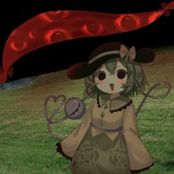  1girl arms_at_sides black_eyes black_hat bow commentary_request cowboy_shot disembodied_eye floral_print gap_(touhou) grass green_skirt hat heart heart_of_string komeiji_koishi long_sleeves looking_ahead looking_at_viewer medium_hair open_mouth photo_background sanpaku shirt skirt sleeves_past_fingers sleeves_past_wrists smile solo straight-on third_eye touhou ttaaca_ca yellow_bow yellow_shirt 