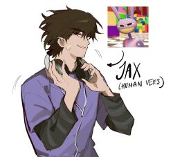  1girl arrow_(symbol) bandaid bandaid_on_cheek bandaid_on_face black_eyes black_shirt brown_hair character_name english_text facial_hair hair_between_eyes half-closed_eyes hands_up headphones headphones_around_neck highres holding holding_headphones humanization jax_(the_amazing_digital_circus) layered_sleeves long_sleeves looking_at_viewer purple_shirt screenshot shirt short_hair short_over_long_sleeves short_sleeves simple_background smile solo sophmohr spanish_commentary striped_clothes striped_shirt teeth the_amazing_digital_circus white_background 