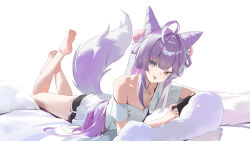  1girl aqua_eyes character_request copyright_request dolphin_shorts heterochromia highres looking_at_viewer nintendo on_bed pillow purple_hair rahwol177 shorts simple_background solo tail white_background yellow_eyes 