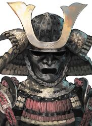  1other aoin armor commentary_request covered_face crest dou facing_viewer family_crest fukigaeshi helmet japanese_armor kabuto_(helmet) mask nodowa_(gorget) original red_armor red_rope rope samurai shikoro shoulder_armor simple_background sode solo upper_body white_background 