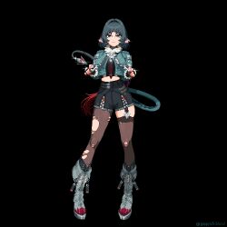  1girl animal_ears black_background black_hair commentary_request fingerless_gloves gloves green_eyes green_jacket guppyinfishbowl jacket jane_doe_(zenless_zone_zero) korean_commentary long_hair looking_at_viewer mouse_ears mouse_girl mouse_tail multicolored_hair pantyhose pixel_art red_hair red_nails shorts simple_background smile solo tail thigh-highs torn_clothes torn_pantyhose twitter_username very_long_tail zenless_zone_zero 