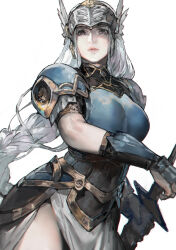  1girl aoin armor armored_dress blue_armor braid closed_mouth commentary_request dress feathers gauntlets grey_hair helmet highres holding holding_weapon lenneth_valkyrie long_hair looking_at_viewer low-braided_long_hair low-tied_long_hair scabbard sheath shoulder_armor simple_background solo sword thighs valkyrie valkyrie_profile_(series) valkyrie_profile_1 very_long_hair violet_eyes weapon white_background winged_helmet 