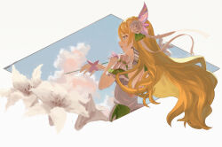  1girl absurdres back backless_outfit blonde_hair eleanor_linless_(grimms_notes) eleanor_linless_(repage)_(grimms_notes) flower grimms_notes hair_between_eyes hair_flower hair_ornament highres holding long_hair parted_lips profile redhaaaat rose solo standing twitter_username upper_body white_background white_flower white_rose 