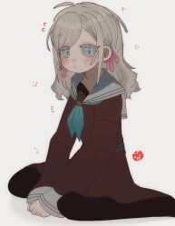  1girl ahoge aqua_neckerchief black_pantyhose blue_eyes blush brown_dress ceras_yanagida_lilienfeld character_logo col_person commentary dress flying_sweatdrops grey_hair hair_ribbon hasu_no_sora_school_uniform link!_like!_love_live! long_hair long_sleeves looking_at_viewer love_live! medium_dress neckerchief pantyhose parted_lips pink_ribbon pleated_dress ribbon sailor_collar sailor_dress school_uniform simple_background sitting solo squeans untranslatable_commentary virtual_youtuber wariza white_background white_sailor_collar winter_uniform 