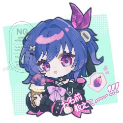 1girl black_jacket choker commentary_request copyright_request flat_chest food goth_fashion ice_cream jacket pandadada_0311 prune_(genshin_impact) purple_hair side_ponytail smile violet_eyes 