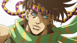  1boy anime_coloring aqua_eyes artist_name battle_tendency brown_hair english_commentary genda_art green_scarf headband highres jojo_no_kimyou_na_bouken joseph_joestar joseph_joestar_(young) looking_to_the_side male_focus multicolored_scarf official_style portrait purple_headband scarf solo stone_ocean striped_clothes striped_scarf triangle_print vertical-striped_clothes vertical-striped_scarf yellow_headband yellow_scarf 