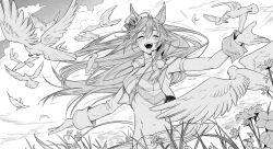  1girl animal_ears belly belt bird choker closed_eyes clouds floating_hair hair_ornament horse_ears horse_girl laughing mr._c.b._(umamusume) open_mouth outstrech pigeon single_bare_shoulder solo umamusume uri_umu white_background wind 