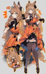  1girl absurdres alternate_costume animal_ears arknights black_gloves black_shoes brown_hair character_request check_character chibi commentary dress fox_ears fox_girl fox_tail franka_(arknights) gloves grey_background highres long_hair multiple_views odmised orange_dress shoes smile tail 