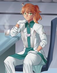  1boy ahoge chair chaldea_logo closed_mouth coffee commentary cowboy_shot english_commentary fate/grand_order fate_(series) gloves green_eyes hand_on_own_thigh highres id_card looking_at_viewer male_focus medium_hair orange_hair pants ponytail romani_archaman sitting sleeves_rolled_up smile solo steaming_cup table thenotitle white_gloves white_pants 