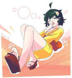  1girl ahoge araragi_tsukihi azmcch black_hair blush commentary covering_own_mouth egg_hair_ornament english_commentary feet food-themed_hair_ornament from_below hair_ornament hand_over_own_mouth highres japanese_clothes kimono knees_up monogatari_(series) obi one_eye_closed open_mouth platform_sandals red_sash sandals sash short_hair signature squeans toes yawning yellow_kimono 