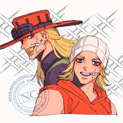  blonde_hair blue_eyes blue_lips gold_teeth gyro_zeppeli hat johnny_joestar jojo_no_kimyou_na_bouken long_hair looking_at_viewer mooon_l31 open_mouth purple_lips purple_shirt red_hat red_shirt shirt smile sparkle steel_ball_run teeth upper_teeth_only 