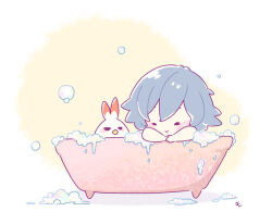  1girl bath bathing bathtub black_hair chibi closed_eyes closed_mouth commentary_request fu_hua highres honkai_(series) honkai_impact_3rd jingwei_(bird) mon_momu soapy solo white_background 