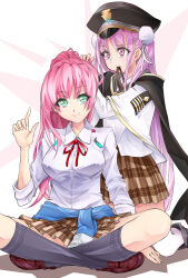  2girls aikawa_megumi black_capelet capelet clothes_around_waist commentary_request crossed_legs green_eyes hair_tie hair_tie_in_mouth hat heaven_burns_red highres kunimi_tama long_hair military_rank_insignia mouth_hold multiple_girls neck_ribbon on_floor on_ground pink_eyes pink_hair red_ribbon ribbon sailor_hat school_uniform socks yoshihisa0111 