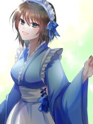  1girl :d alternate_costume aoi_erika apron aqua_eyes blue_bow blue_kimono bow breasts brown_hair commentary_request cowboy_shot enmaided eyelashes frilled_apron frills green_background hair_between_eyes hair_bow hakama heaven_burns_red highres japanese_clothes kimono large_breasts light_blush long_sleeves looking_at_viewer maid maid_apron maid_headdress medium_hair open_mouth rin_0101010 sidelighting simple_background smile solo tsurime two-tone_background wa_maid white_apron white_background white_hakama wide_sleeves 