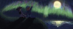  2girls aurora back_bow black_hat black_skirt bow commentary cyanaqua dress english_commentary grass hand_on_own_thigh hat hat_bow highres holding_hands long_sleeves looking_up maribel_hearn mob_cap moon multiple_girls night ocean on_cliff pointing pointing_up purple_dress sash short_sleeves sitting skirt touhou usami_renko white_bow white_hat white_sash 