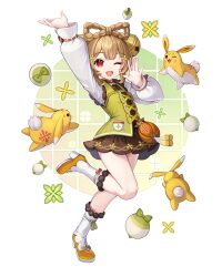  1girl absurdres ankle_boots arm_up backpack_basket basket bell belt_pouch black_shirt black_skirt black_sleeves boots bow braid brown_eyes brown_hair center-flap_bangs child commentary_request dress flower footwear_cutout full_body fur-trimmed_boots fur_trim genshin_impact gradient_sleeves green_vest hair_bell hair_bow hair_flower hair_ornament heavenly_rabbit highres holding layered_sleeves long_sleeves mandarin_collar multicolored_boots one_eye_closed open_clothes open_mouth open_vest orange_boots pocket pouch puffy_long_sleeves puffy_sleeves red_bow shirt short_eyebrows short_hair short_shorts shorts shorts_under_dress shoulder_strap sidelocks skirt smile solo standing standing_on_one_leg stuffed_animal stuffed_rabbit stuffed_toy tassel two-handed two-tone_boots vest white_boots white_shorts white_sleeves wrist_bow yaoyao_(genshin_impact) yellow_sleeves yuegui_(genshin_impact) 