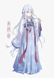  1girl absurdres alternate_costume arm_at_side bead_necklace beads blue_eyes blue_hanfu blue_sash blue_trim bracelet chinese_clothes chinese_text closed_mouth dot_nose double-parted_bangs empire_waist eyeshadow floral_print flower_knot full_body grey_background hair_between_eyes hair_ornament half_updo hand_fan hand_up hanfu highres holding holding_fan jewelry kafuuchino_(chouti) long_hair long_sidelocks looking_at_viewer makeup necklace project_sekai qixiong_ruqun red_eyeshadow sash seal_script sidelocks sideways_glance simple_background single_sleeve_past_fingers solo split_mouth tassel train_(clothing) translation_request tuanshan very_long_hair white_sleeves wide_sleeves yaopei yoisaki_kanade 