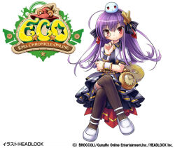  1girl ahoge artist_request black_bow black_necktie black_skirt bow brown_thighhighs company_name copyright_logo copyright_notice creature_on_head crossed_legs emil_chronicle_online flipped_hair hair_bow hair_ornament jacket logo long_hair monocle necktie official_alternate_costume official_art paracelsus_lore purple_hair red_eyes shoes skirt slime_(creature) solo thigh-highs watch white_background white_jacket white_shoes 