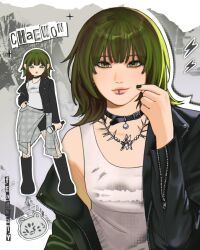  1girl artist_name black_boots black_collar black_jacket black_pantyhose black_shorts boots breasts character_name clothes_around_waist collar collarbone commentary different_(le_sserafim) face_piercing fearnaty fishnet_pantyhose fishnets full_body green_eyes green_hair highres holding holding_microphone jacket jewelry k-pop kim_chaewon knee_boots le_sserafim leather leather_jacket lip_piercing looking_at_viewer medium_hair microphone multiple_views necklace pantyhose piercing plaid_clothes plaid_shirt real_life realistic shirt shirt_around_waist shorts small_breasts smile tank_top upper-body white_tank_top 