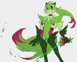  1boy body_fur boots cat cat_boy design_speculation drawfee fakemon furry furry_male green_fur green_hair holding holding_sword holding_weapon karina_farek leaf male_focus pokemon pokemon_(creature) sketch sprigatito_(karina_farek) standing sword tail thigh_boots weapon 