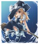  braid broom broom_riding hand_on_hat hat kirisame_marisa long_hair monji_(nobanashi_areno) ribbon ribbons sky touhou witch_hat 