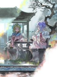  2girls architecture ascot blonde_hair blonde_oekaki_girl_(touhou) blue_eyes blue_ribbon blue_scarf board_game collared_shirt commission east_asian_architecture garden gazebo go_(board_game) hagoromo hair_ribbon hand_fan hand_on_own_chin highres holding holding_fan juliet_sleeves kaigen_1025 knee_up long_sleeves multiple_girls on_stool pink_shirt pink_skirt pink_sleeves portrait_of_exotic_girls puffy_sleeves purple-haired_oekaki_girl_(touhou) purple_hair red_ascot ribbon scarf shaded_face shawl shirt short_hair side_ponytail sitting skeb_commission skirt smile stool sunlight table thank_you tile_roof touhou tree watercolor_effect white_sleeves wide_sleeves yellow_eyes 