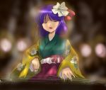  flower flx hieda_no_akyu hieda_no_akyuu instrument japanese_clothes kimono koto_(instrument) purple_hair short_hair touhou 