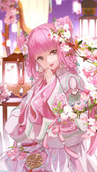  1girl beautiful_moment_(miracle_nikki) blunt_bangs braid braided_hair_rings branch brown_eyes capelet cherry_blossoms chinese_clothes chinese_commentary commentary_request cone_hair_bun cowboy_shot cyotsy dot_nose double_bun earrings floral_print flower flower_earrings hair_bun hair_flower hair_ornament hair_rings happy head_tilt highres jewelry lantern light_particles lipstick long_hair long_sleeves looking_at_viewer low_twintails lower_teeth_only makeup miracle_nikki night nikki_(nikki) nikki_(series) open_mouth outdoors own_hands_together pink_flower pink_hair pink_lips pink_skirt pleated_skirt print_sleeves purple_sky shirt skirt sky smile solo standing tassel teeth twintails very_long_hair watermark weibo_watermark white_capelet white_flower white_shirt wide_sleeves 