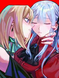  2girls ascot bang_dream! bang_dream!_it's_mygo!!!!! black_ascot black_dress black_ribbon blonde_hair blue_hair closed_eyes collared_shirt commentary doloris_(bang_dream!) dress earrings hair_ribbon highres jewelry long_hair medium_hair misumi_uika monozena multiple_girls oblivionis_(bang_dream!) parted_lips red_background red_shirt ribbon shirt simple_background togawa_sakiko two_side_up upper_body violet_eyes yuri 