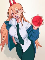  1girl absurdres black_necktie black_pants breasts chainsaw chainsaw_man collared_shirt commentary cosplay cross-shaped_pupils demon_girl demon_horns english_commentary english_text eyelashes fingernails from_above hair_between_eyes happy hemokinesis highres holding horns jacket long_hair long_hair_between_eyes milkmountain necktie nobel_prize open_clothes open_jacket open_mouth orange_hair pants power_(chainsaw_man) power_(chainsaw_man)_(cosplay) red_horns ringed_eyes sharp_teeth shirt shirt_partially_tucked_in solo symbol-shaped_pupils teeth topknot upper_body white_background 